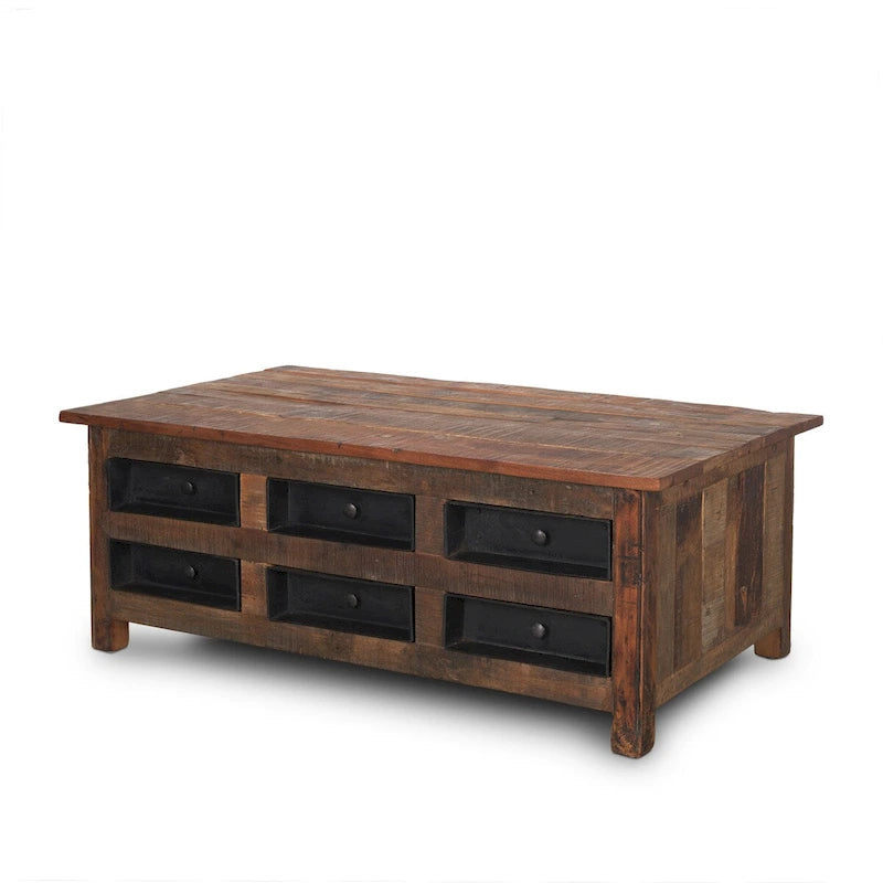 Table basse en bois de récupération brun avec 12 tiroirs en métal noir, assemblage par 1 personne