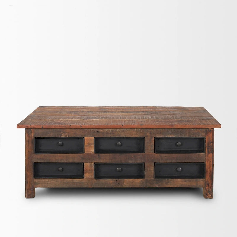 Table basse en bois de récupération brun avec 12 tiroirs en métal noir, assemblage par 1 personne