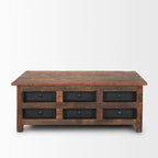 Table basse en bois de récupération brun avec 12 tiroirs en métal noir, assemblage par 1 personne