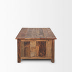 Table basse en bois de récupération brun avec 12 tiroirs en métal noir, assemblage par 1 personne