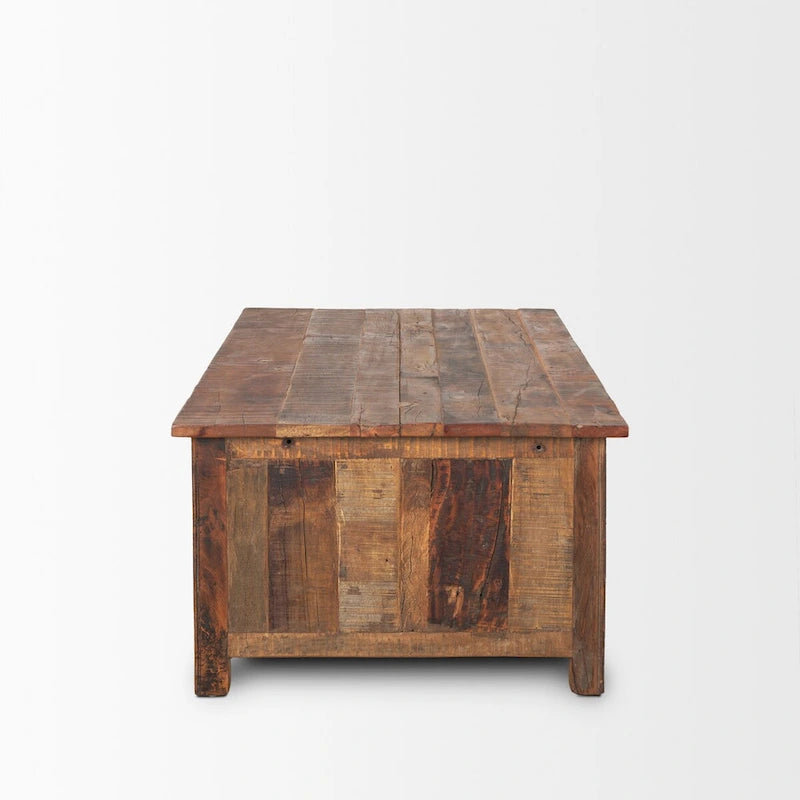 Table basse en bois de récupération brun avec 12 tiroirs en métal noir, assemblage par 1 personne