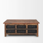 Table basse en bois de récupération brun avec 12 tiroirs en métal noir, assemblage par 1 personne
