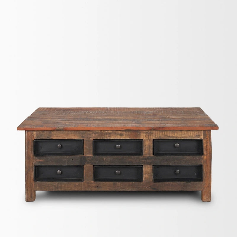 Table basse en bois de récupération brun avec 12 tiroirs en métal noir, assemblage par 1 personne