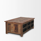 Table basse en bois de récupération brun avec 12 tiroirs en métal noir, assemblage par 1 personne