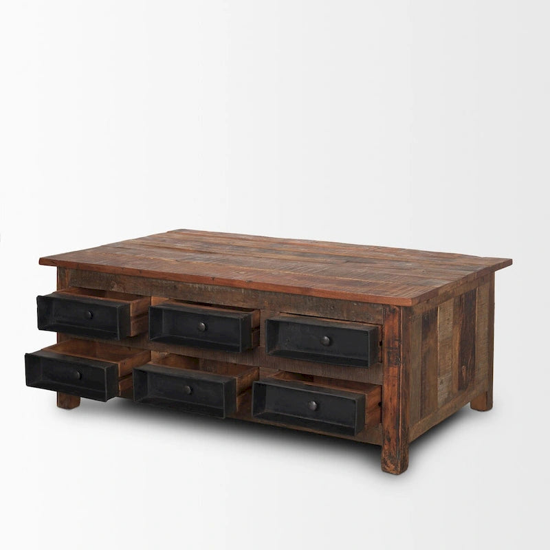Table basse en bois de récupération brun avec 12 tiroirs en métal noir, assemblage par 1 personne