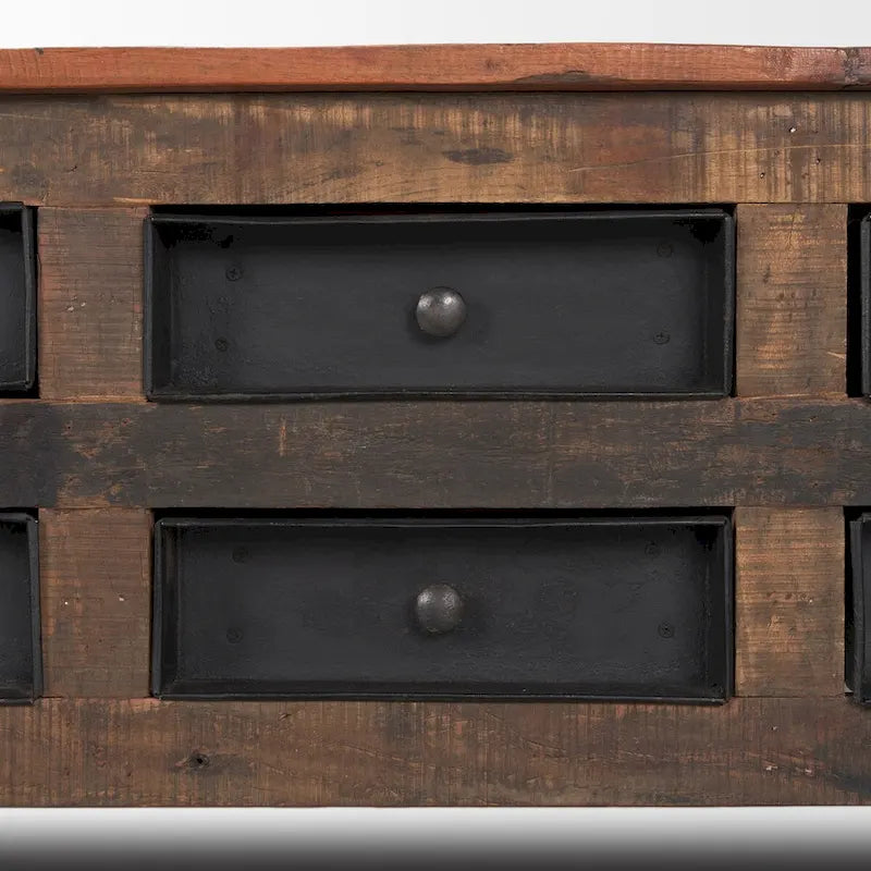 Table basse en bois de récupération brun avec 12 tiroirs en métal noir, assemblage par 1 personne