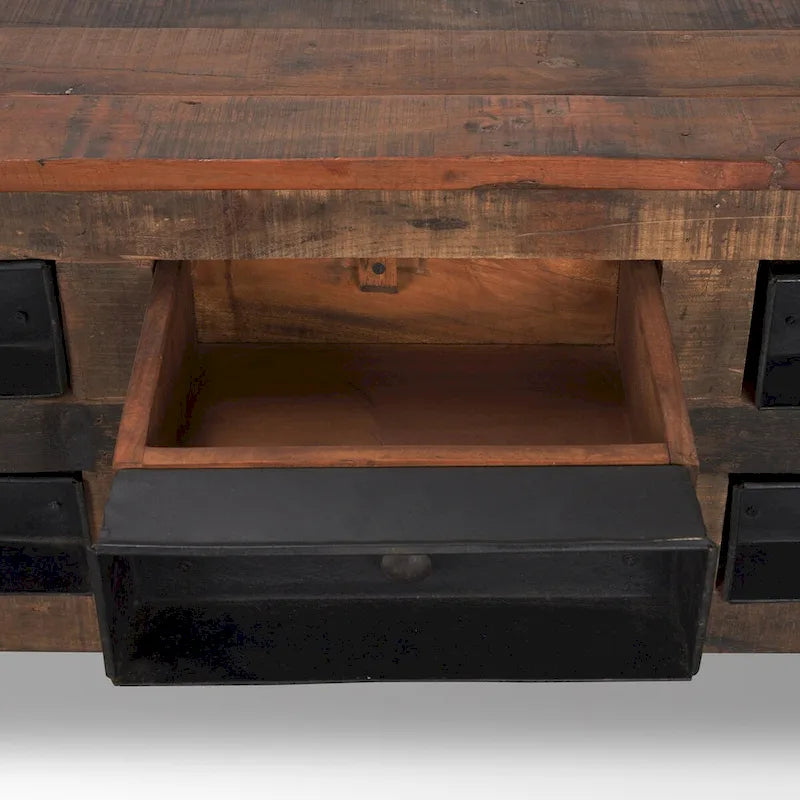 Table basse en bois de récupération brun avec 12 tiroirs en métal noir, assemblage par 1 personne