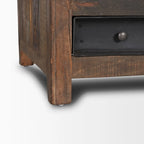 Table basse en bois de récupération brun avec 12 tiroirs en métal noir, assemblage par 1 personne