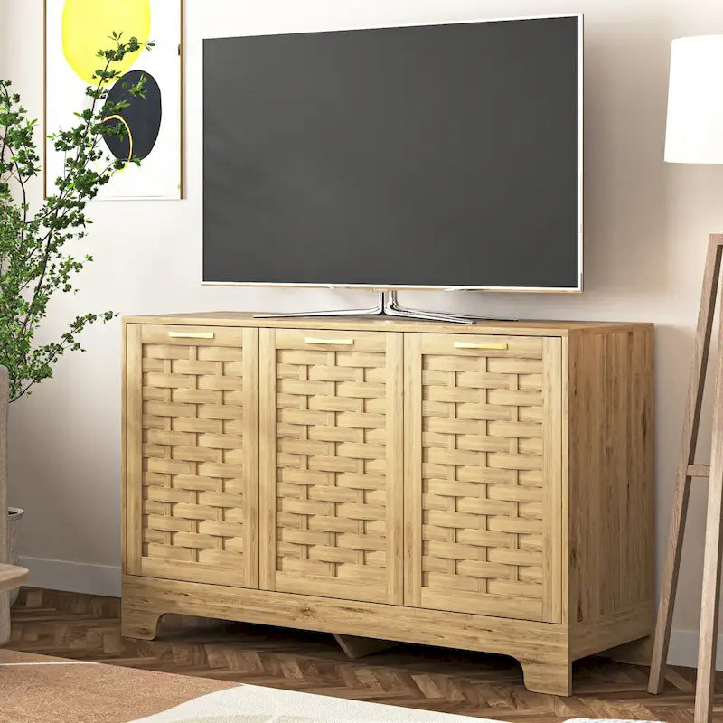 Buffet en MDF aspect bois de ferme avec portes tissées, étagère réglable et poignée dorée, assemblage par 1 personne