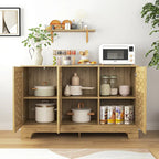 Buffet en MDF aspect bois de ferme avec portes tissées, étagère réglable et poignée dorée, assemblage par 1 personne