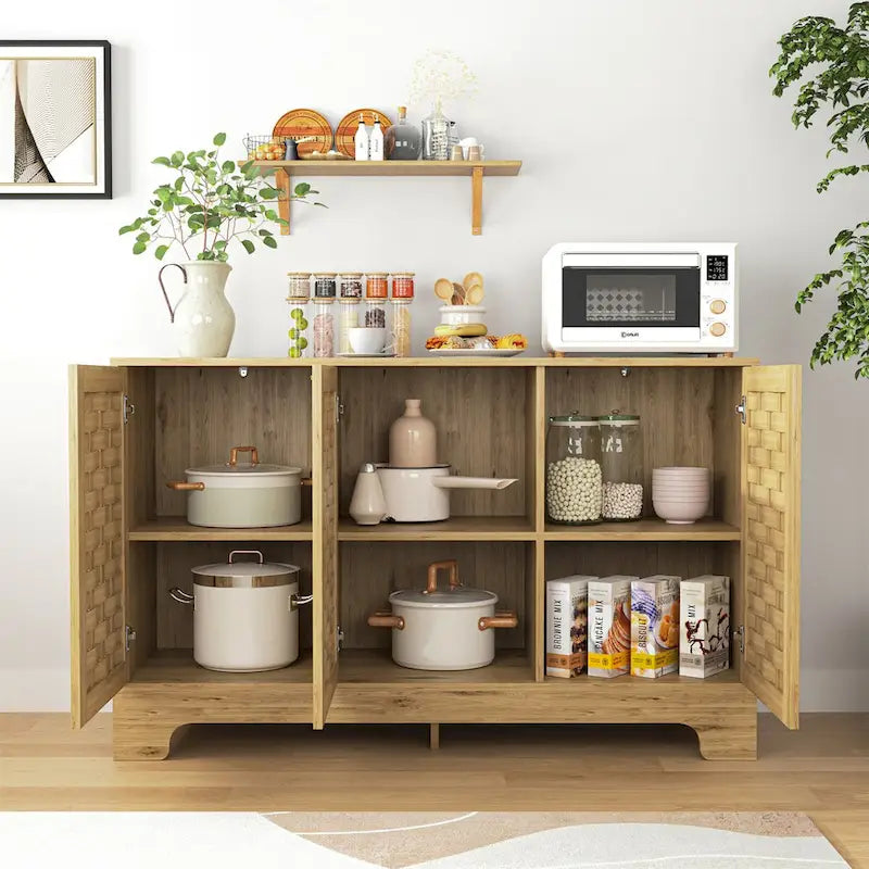 Buffet en MDF aspect bois de ferme avec portes tissées, étagère réglable et poignée dorée, assemblage par 1 personne