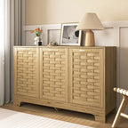 Buffet en MDF aspect bois de ferme avec portes tissées, étagère réglable et poignée dorée, assemblage par 1 personne