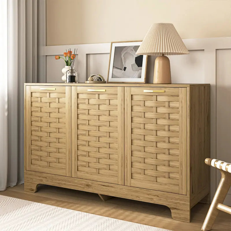 Buffet en MDF aspect bois de ferme avec portes tissées, étagère réglable et poignée dorée, assemblage par 1 personne