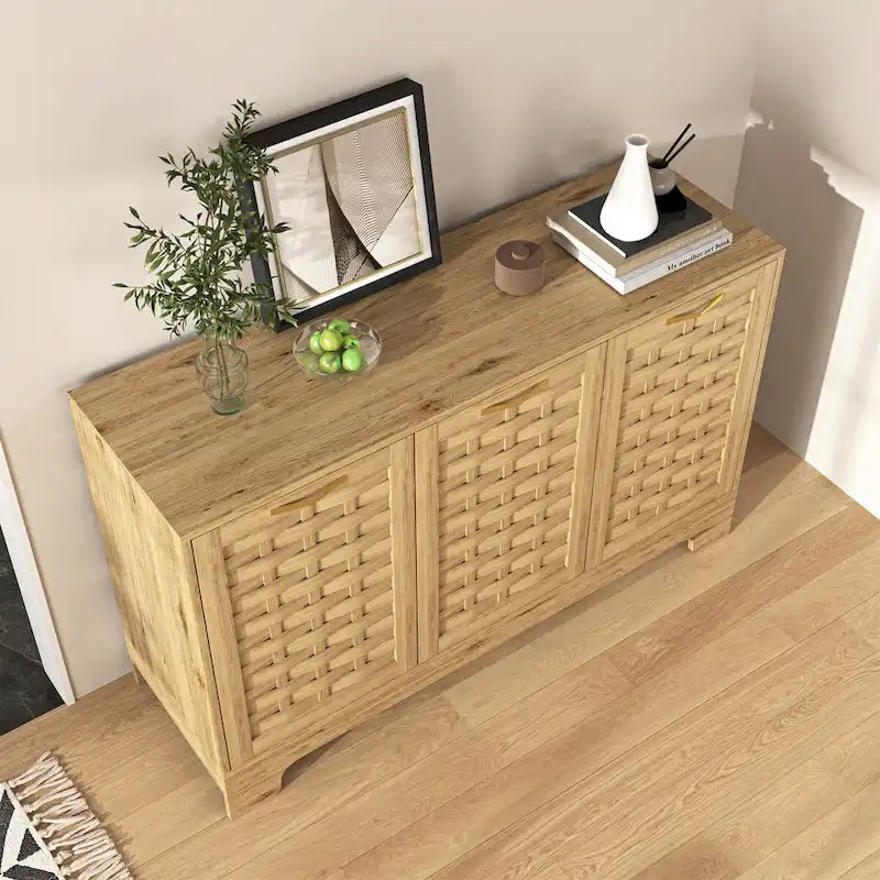 Buffet en MDF aspect bois de ferme avec portes tissées, étagère réglable et poignée dorée, assemblage par 1 personne