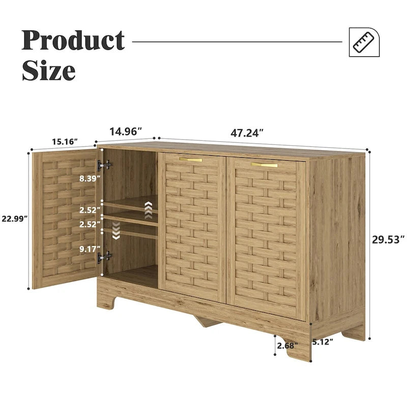 Buffet en MDF aspect bois de ferme avec portes tissées, étagère réglable et poignée dorée, assemblage par 1 personne