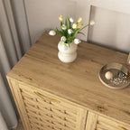 Buffet en MDF aspect bois de ferme avec portes tissées, étagère réglable et poignée dorée, assemblage par 1 personne