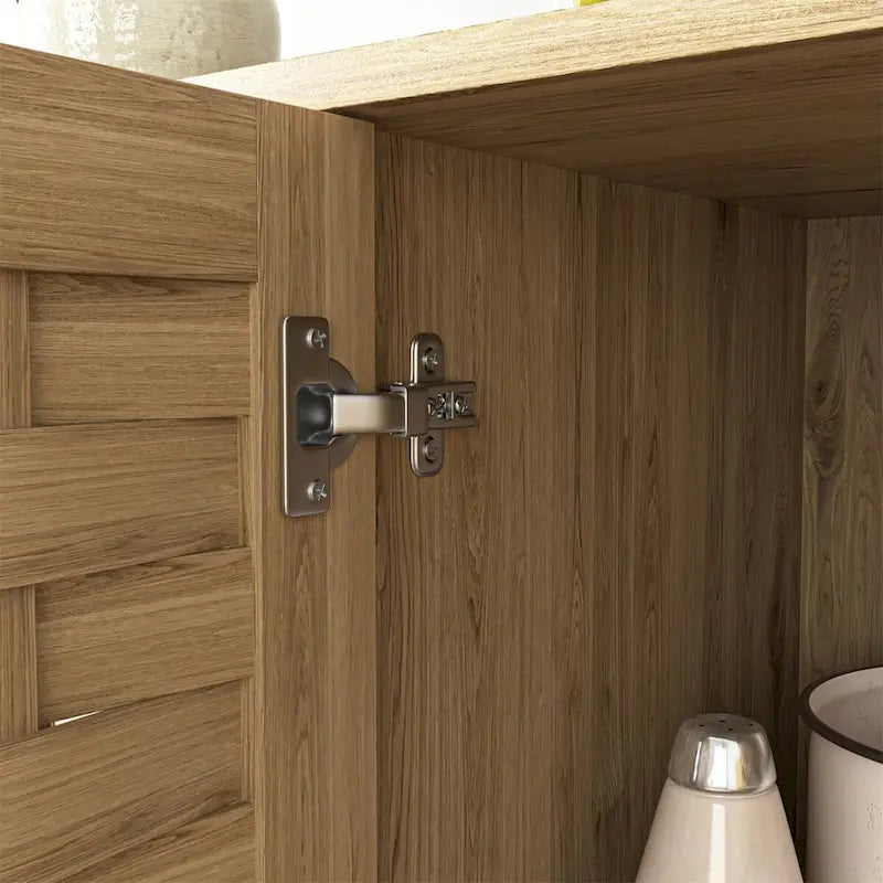 Buffet en MDF aspect bois de ferme avec portes tissées, étagère réglable et poignée dorée, assemblage par 1 personne