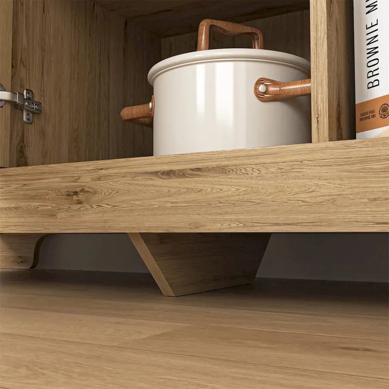 Buffet en MDF aspect bois de ferme avec portes tissées, étagère réglable et poignée dorée, assemblage par 1 personne