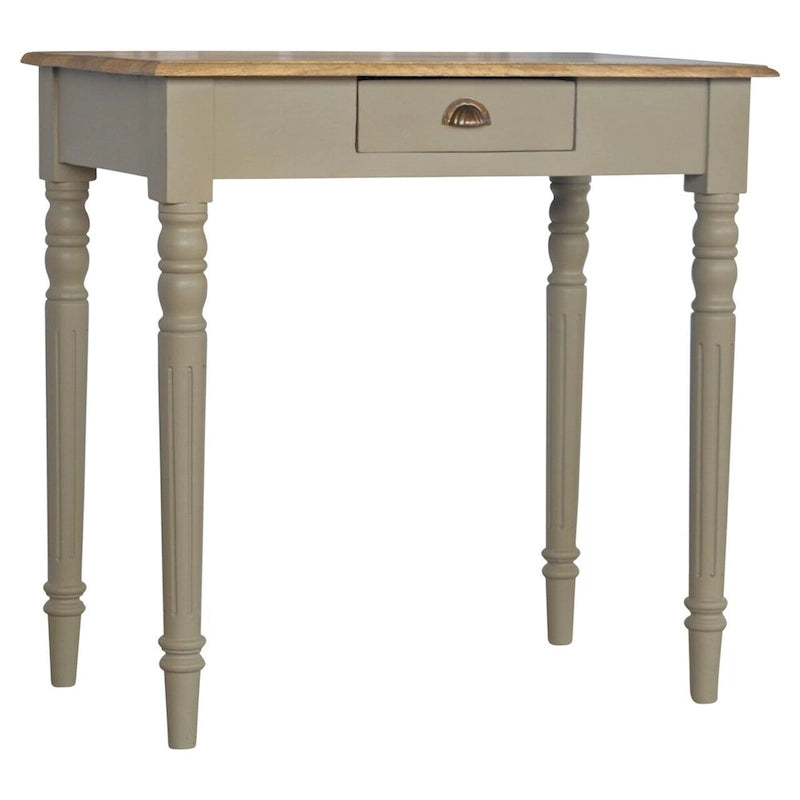 Bureau en bois de manguier massif gris français peint à la main avec 1 tiroir et pieds cannelés, assemblage par 1 personne