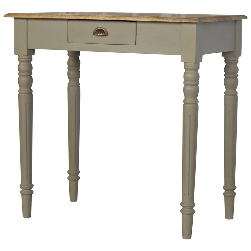 Bureau en bois de manguier massif gris français peint à la main avec 1 tiroir et pieds cannelés, assemblage par 1 personne