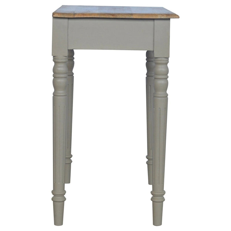 Bureau en bois de manguier massif gris français peint à la main avec 1 tiroir et pieds cannelés, assemblage par 1 personne