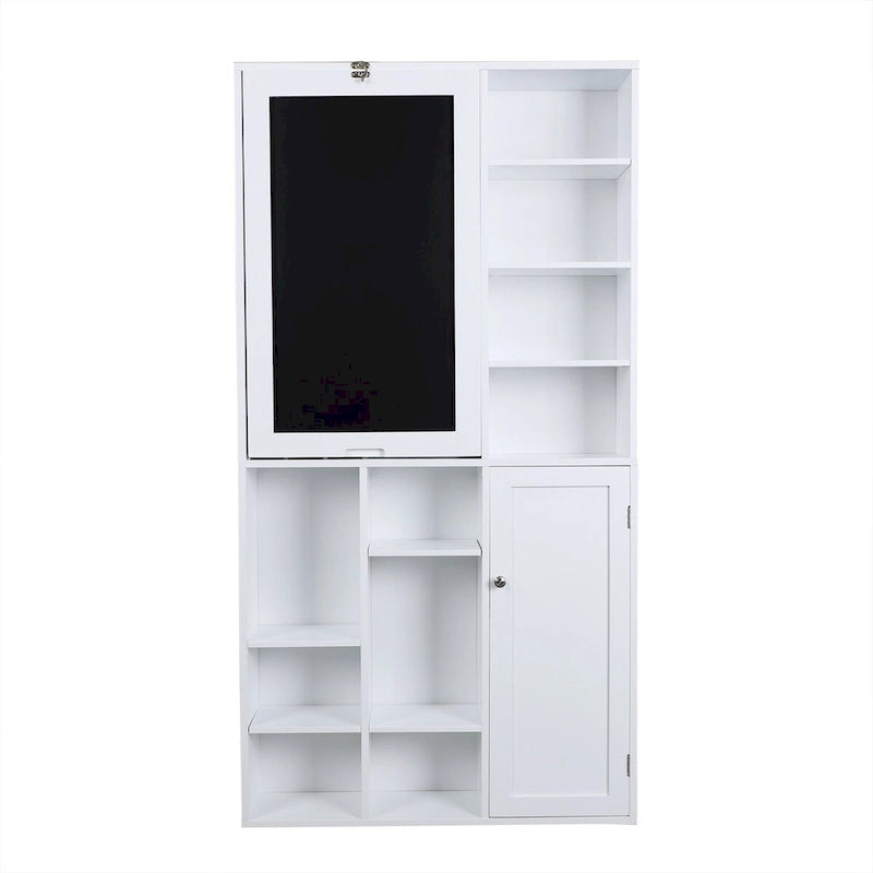 Bureau mural rabattable blanc avec façade tableau, armoire de rangement et étagères inférieures, assemblage par 1 personne