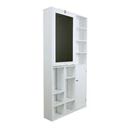 Bureau mural rabattable blanc avec façade tableau, armoire de rangement et étagères inférieures, assemblage par 1 personne
