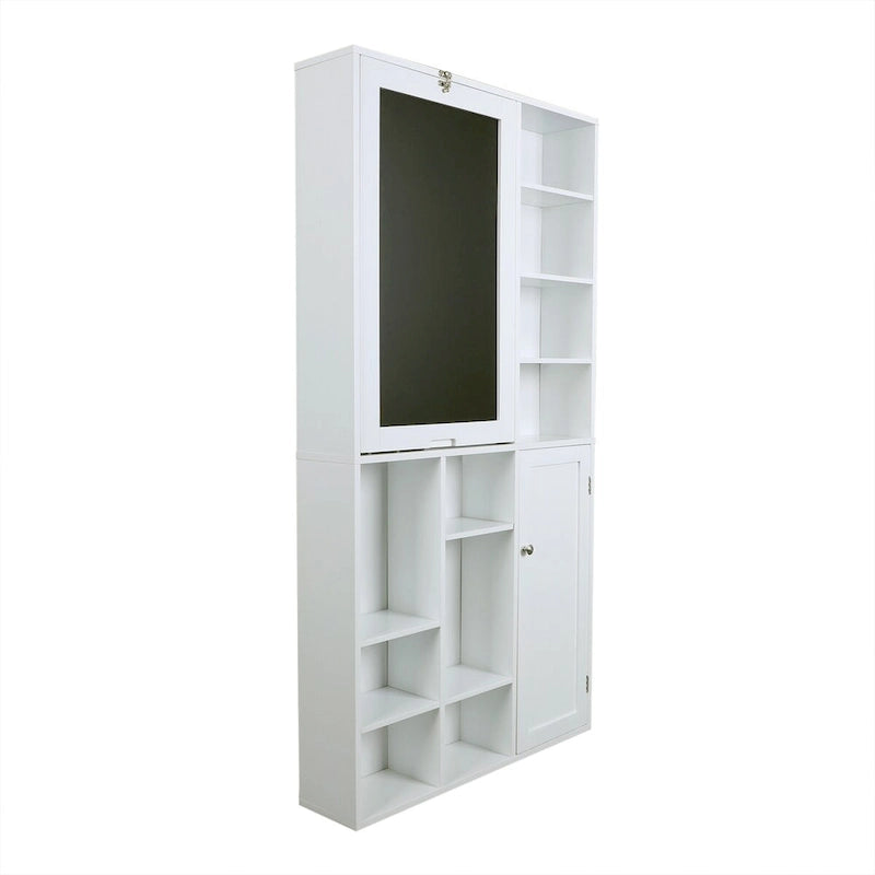 Bureau mural rabattable blanc avec façade tableau, armoire de rangement et étagères inférieures, assemblage par 1 personne