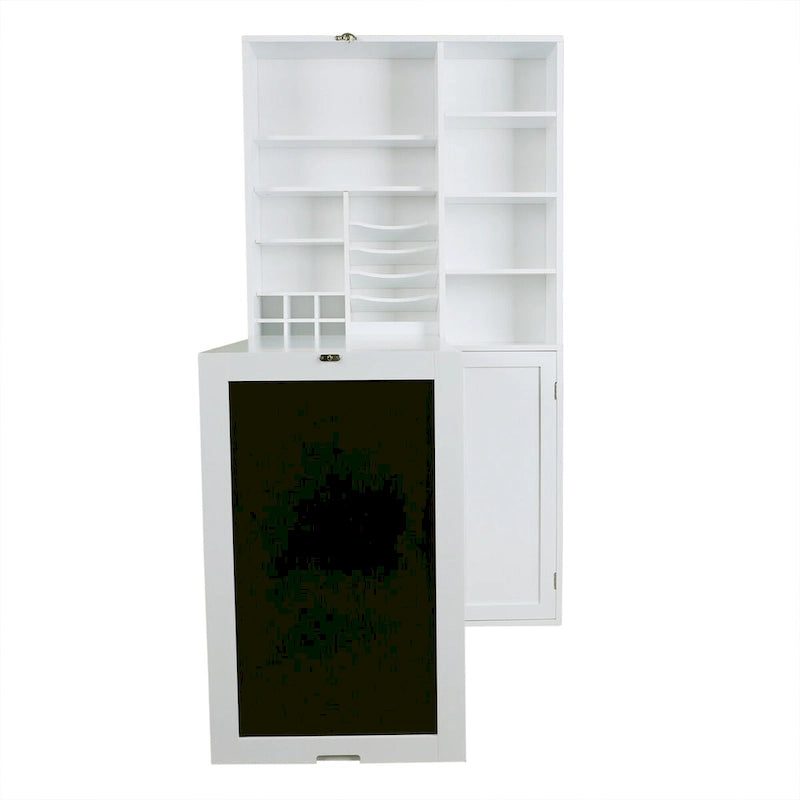 Bureau mural rabattable blanc avec façade tableau, armoire de rangement et étagères inférieures, assemblage par 1 personne