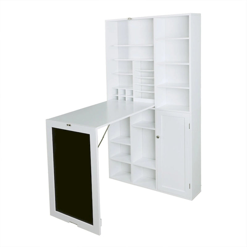 Bureau mural rabattable blanc avec façade tableau, armoire de rangement et étagères inférieures, assemblage par 1 personne