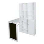 Bureau mural rabattable blanc avec façade tableau, armoire de rangement et étagères inférieures, assemblage par 1 personne