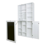 Bureau mural rabattable blanc avec façade tableau, armoire de rangement et étagères inférieures, assemblage par 1 personne