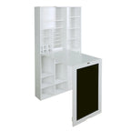 Bureau mural rabattable blanc avec façade tableau, armoire de rangement et étagères inférieures, assemblage par 1 personne