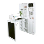 Bureau mural rabattable blanc avec façade tableau, armoire de rangement et étagères inférieures, assemblage par 1 personne