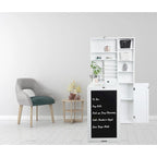 Bureau mural rabattable blanc avec façade tableau, armoire de rangement et étagères inférieures, assemblage par 1 personne