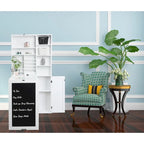 Bureau mural rabattable blanc avec façade tableau, armoire de rangement et étagères inférieures, assemblage par 1 personne