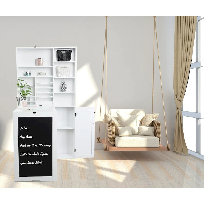 Bureau mural rabattable blanc avec façade tableau, armoire de rangement et étagères inférieures, assemblage par 1 personne