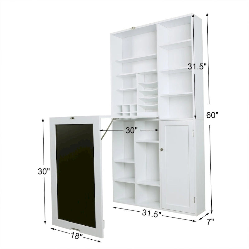 Bureau mural rabattable blanc avec façade tableau, armoire de rangement et étagères inférieures, assemblage par 1 personne