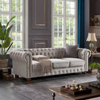 Canapé Chesterfield en lin gris clair avec accoudoirs arrondis et pieds en bois massif, 3 places