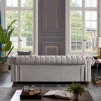 Canapé Chesterfield en lin gris clair avec accoudoirs arrondis et pieds en bois massif, 3 places