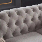Canapé Chesterfield en lin gris clair avec accoudoirs arrondis et pieds en bois massif, 3 places