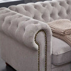 Canapé Chesterfield en lin gris clair avec accoudoirs arrondis et pieds en bois massif, 3 places