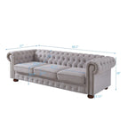 Canapé Chesterfield en lin gris clair avec accoudoirs arrondis et pieds en bois massif, 3 places