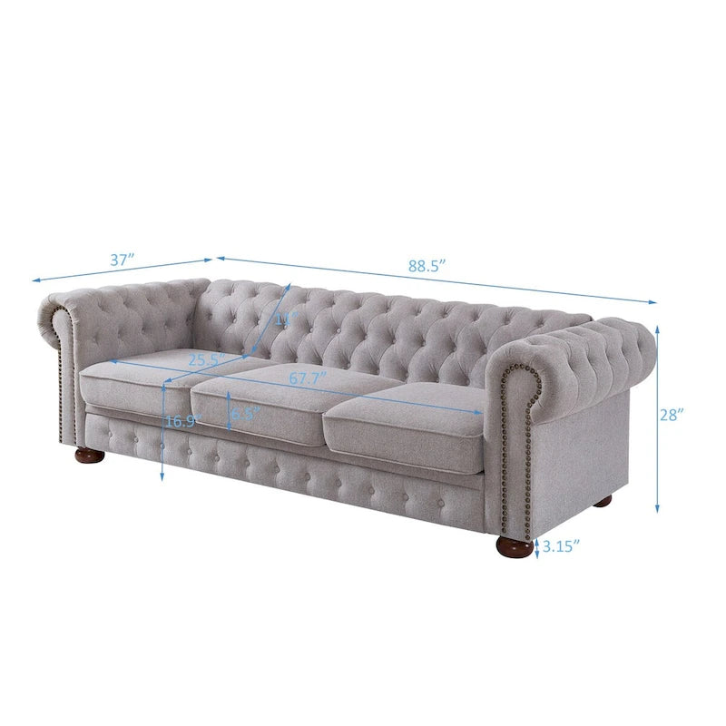 Canapé Chesterfield en lin gris clair avec accoudoirs arrondis et pieds en bois massif, 3 places
