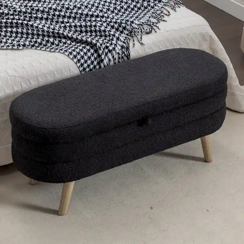 Banc de rangement en tissu bouclé noir avec pieds en bois, assemblage par 1 personne