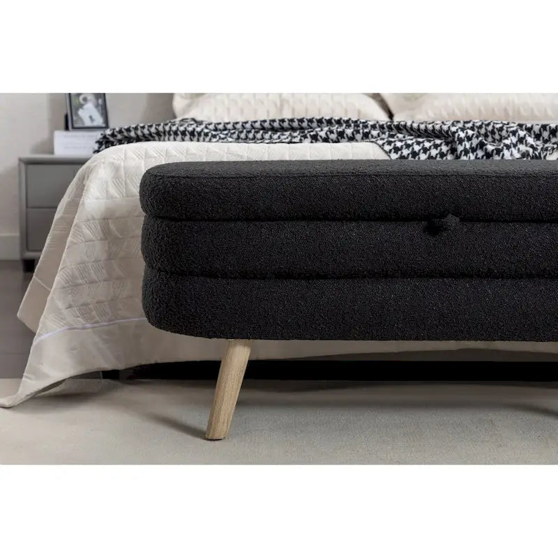 Banc de rangement en tissu bouclé noir avec pieds en bois, assemblage par 1 personne