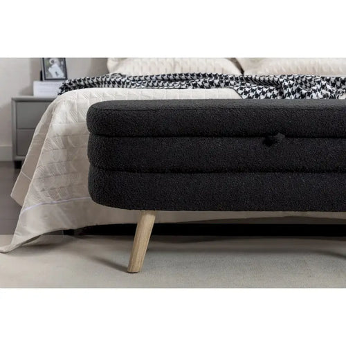 Banc de rangement en tissu bouclé noir avec pieds en bois, assemblage par 1 personne