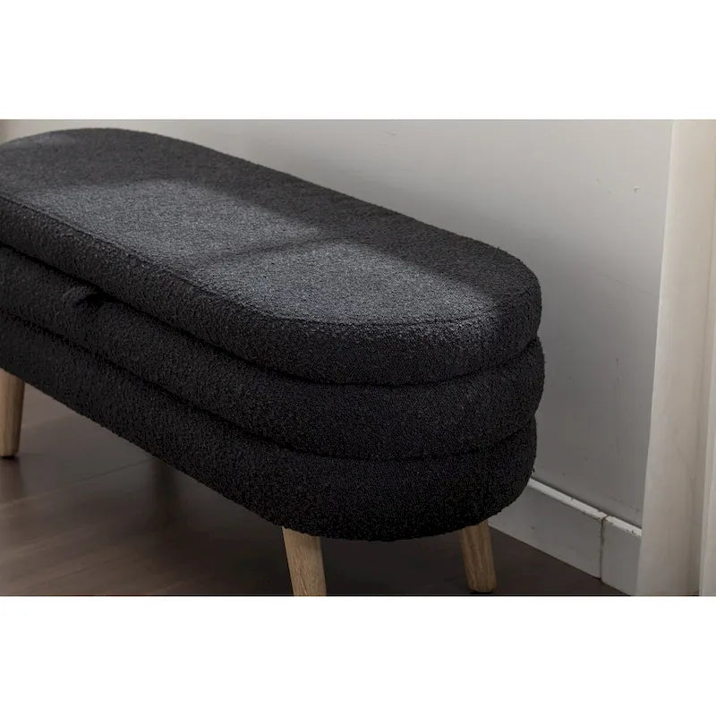 Banc de rangement en tissu bouclé noir avec pieds en bois, assemblage par 1 personne