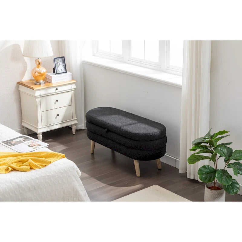 Banc de rangement en tissu bouclé noir avec pieds en bois, assemblage par 1 personne