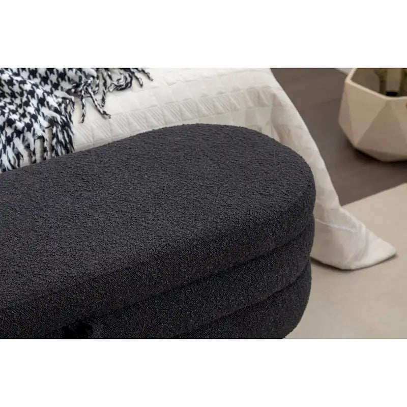 Banc de rangement en tissu bouclé noir avec pieds en bois, assemblage par 1 personne